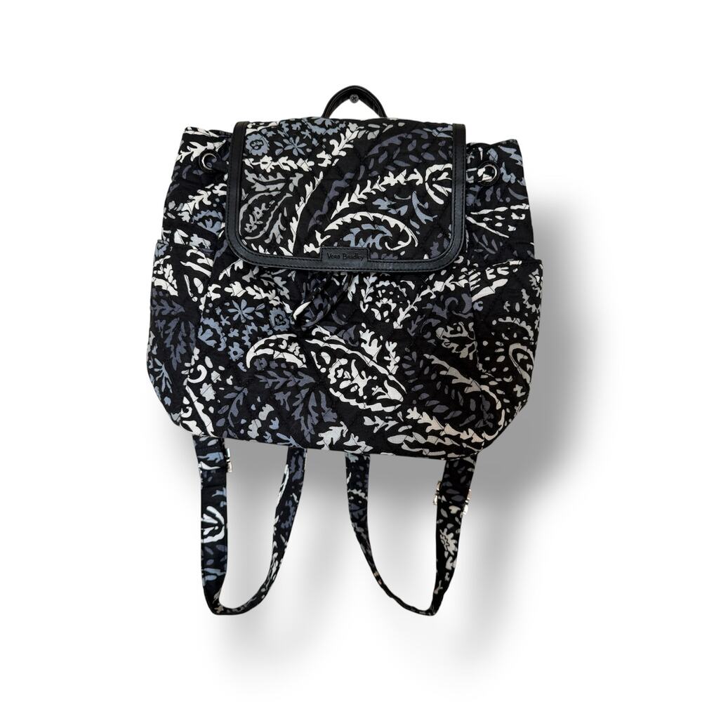 Vera Bradley Paisley Noir Small Backpack Black White Blue Drawstring Flap